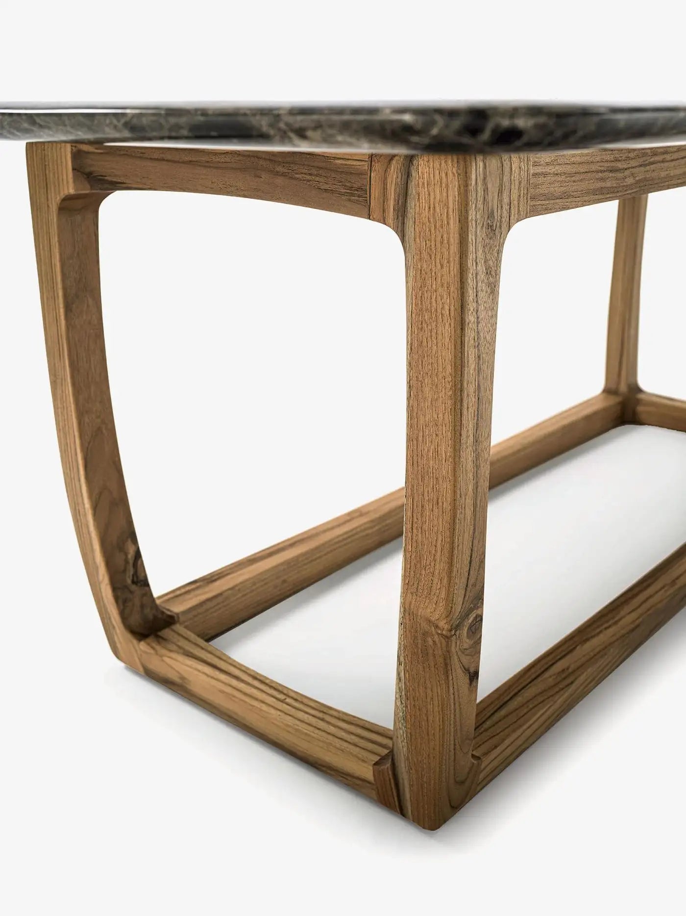 Contemporary Outdoor Marble Dining Table, Six Dining Chairs in Solid Teak