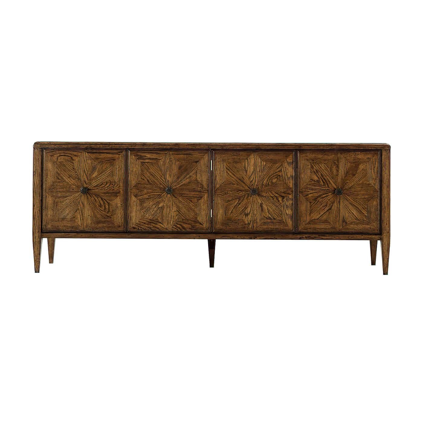 Wooden sideboard with decorative patterns on a white background