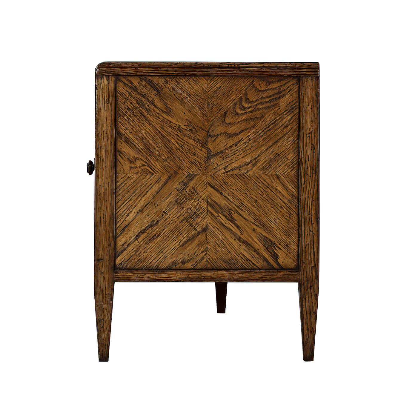 Wooden side table with chevron pattern on a white background