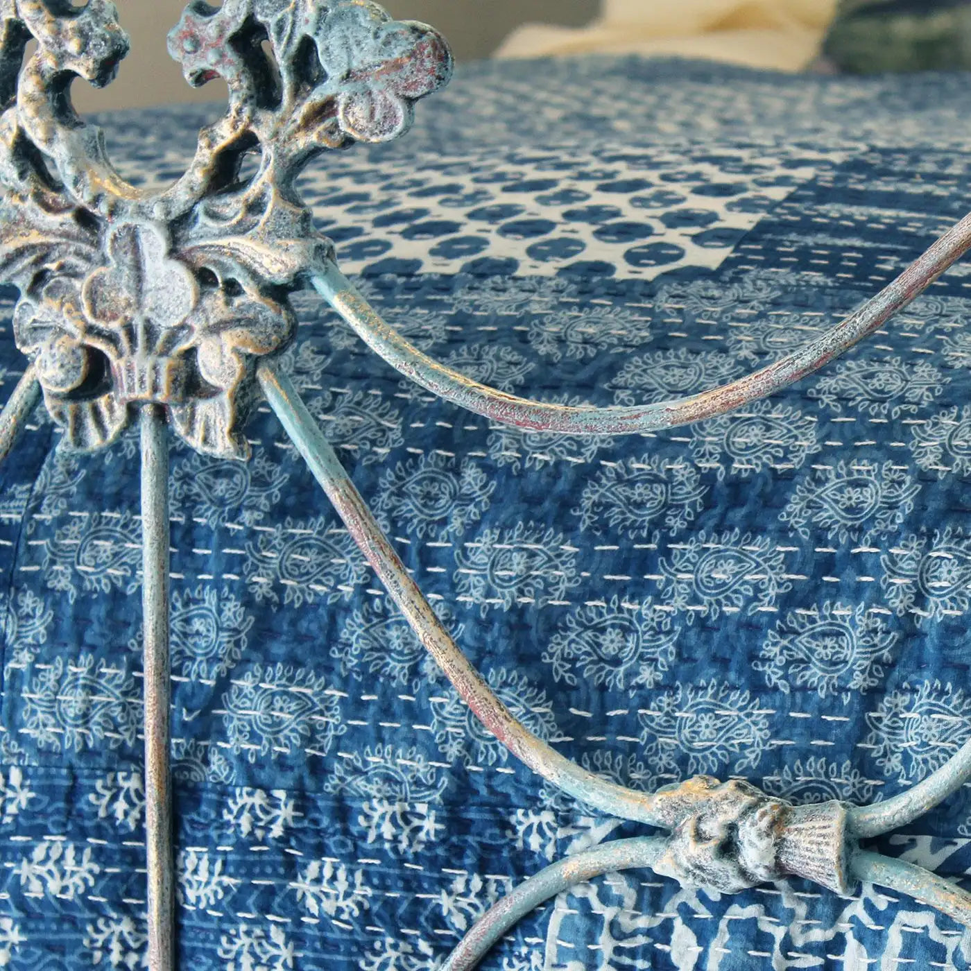 Matching Pair of Victorian Single Antique Beds with Blue Verdigris Finish