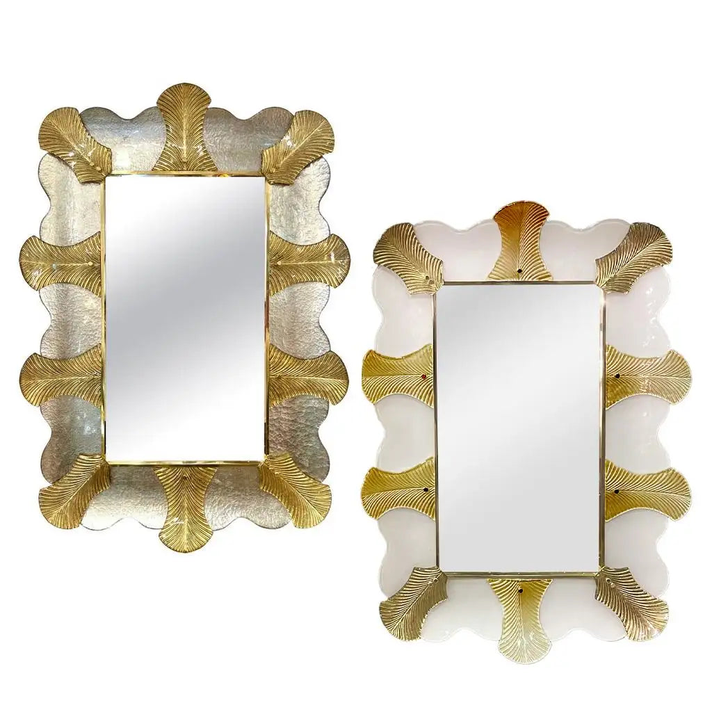 Art Deco Style Curved Leaf White Gold Murano Glass Brass Mirror