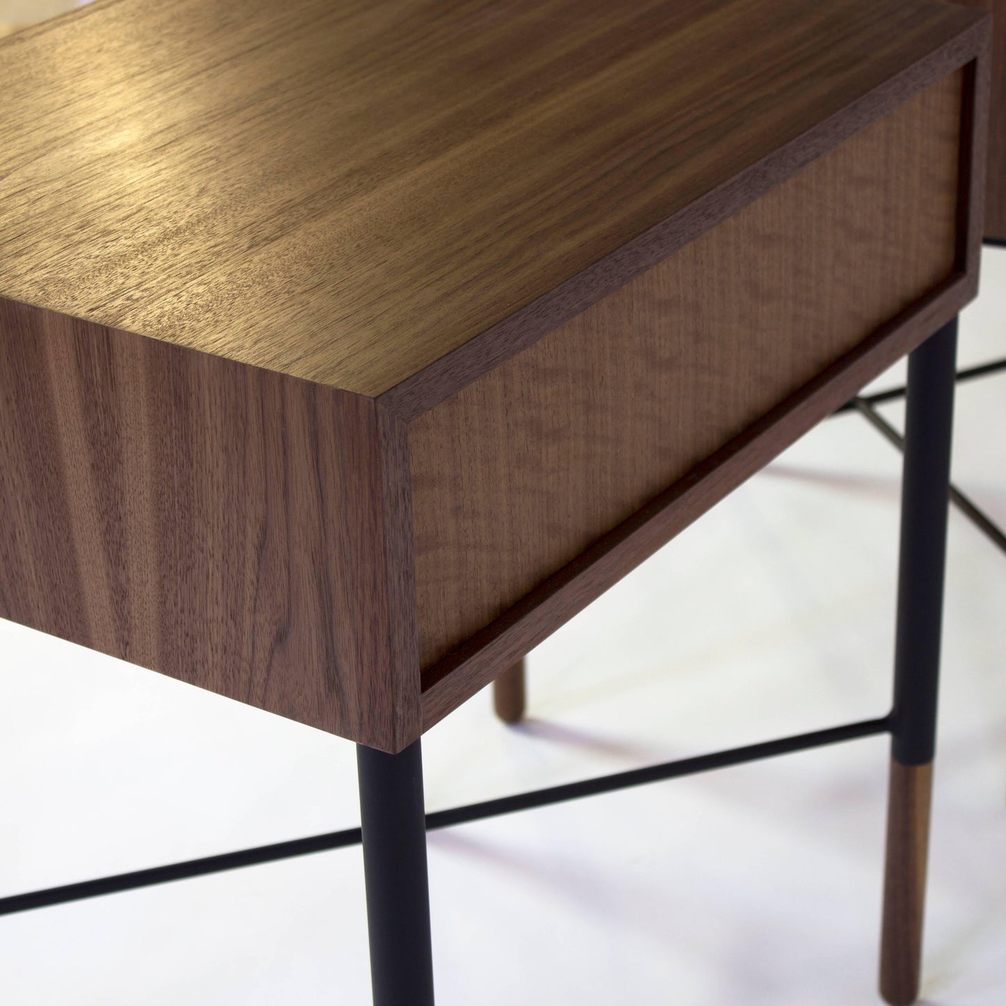 Phillip Walnut Nightstand – Solid Wood with Blackened Steel Accents