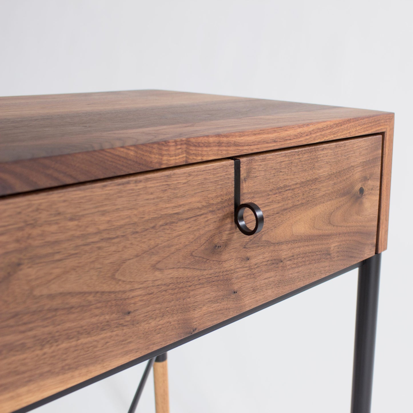 Phillip Walnut Nightstand – Solid Wood with Blackened Steel Accents