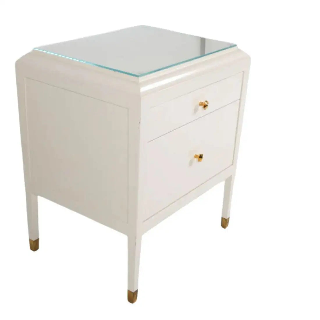 Contemporary White Lacquered Nightstand With Brass Fittings and Glass Top