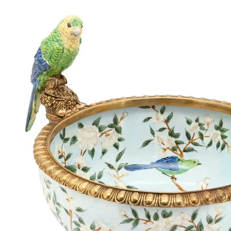 Parrots and Flowers Bowl or Cup in Porcelain and Bronze Finish