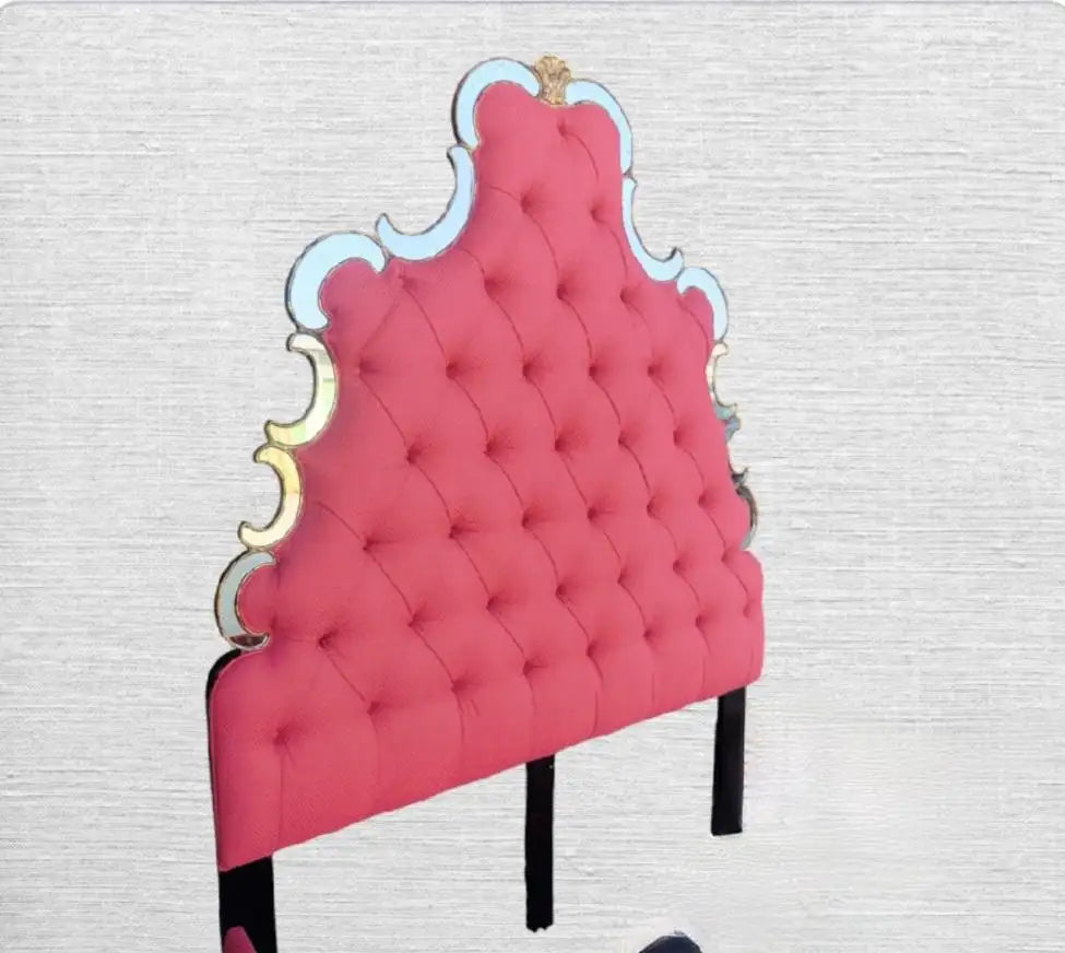 Custom Upholstered Queen Raspberry Schumacher Antique Mirrored queen bed frame