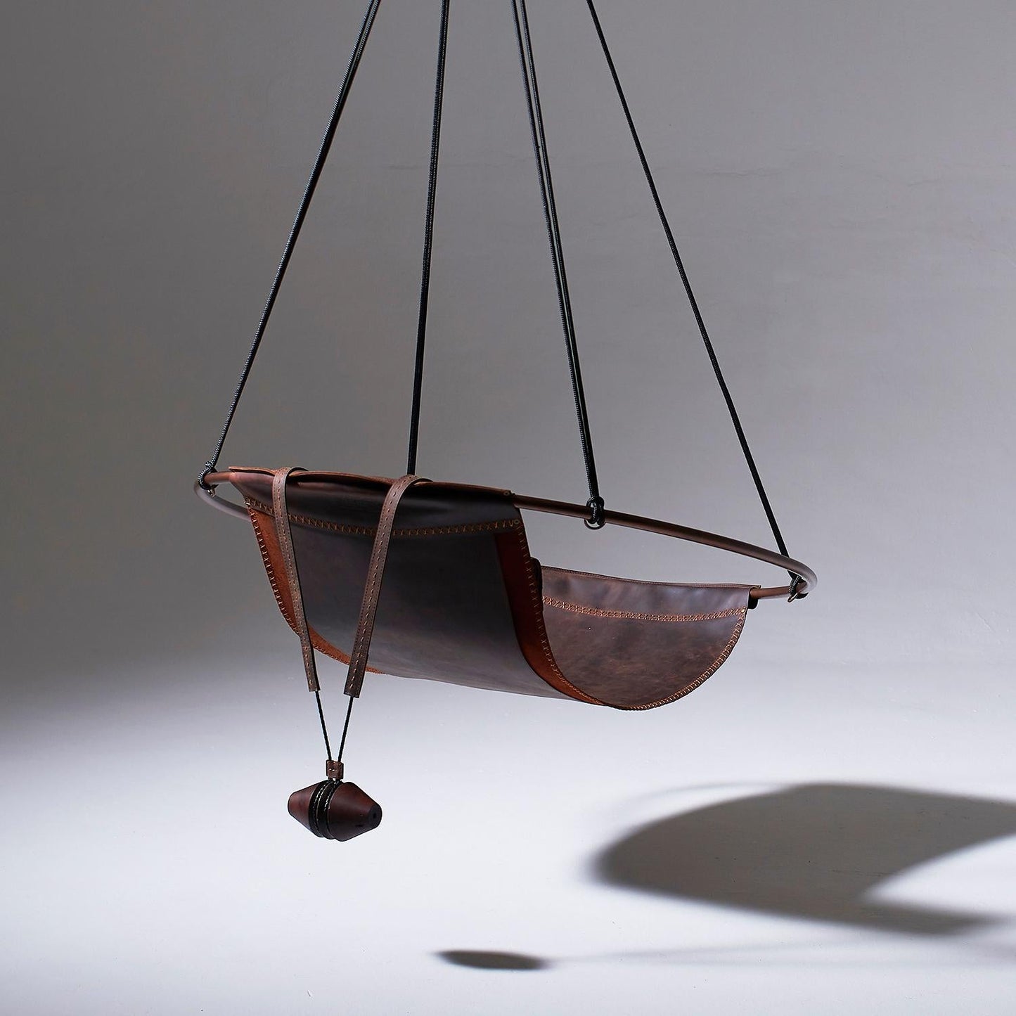 Modern Thick Oil Tan Leather Sling Hanging Chair with Powder-Coated Steel Frame