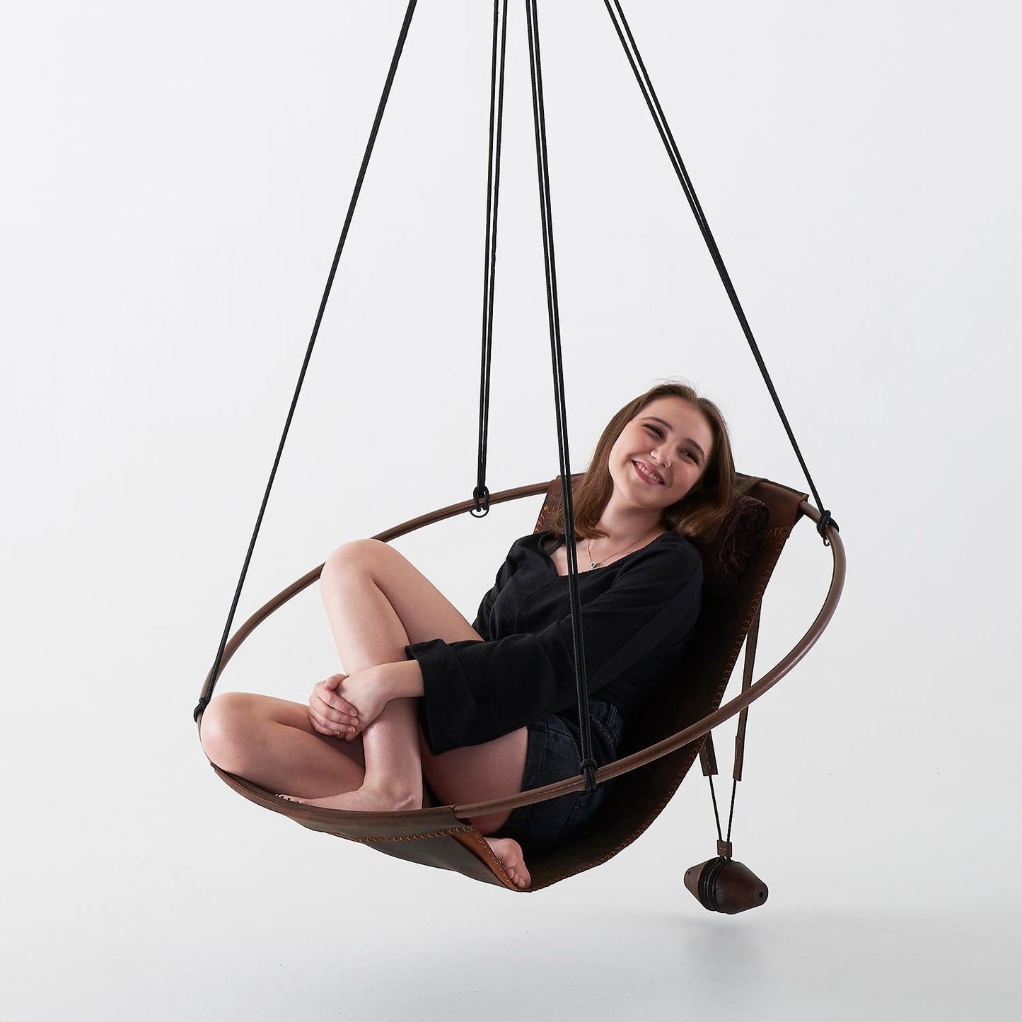 Modern Thick Oil Tan Leather Sling Hanging Chair with Powder-Coated Steel Frame