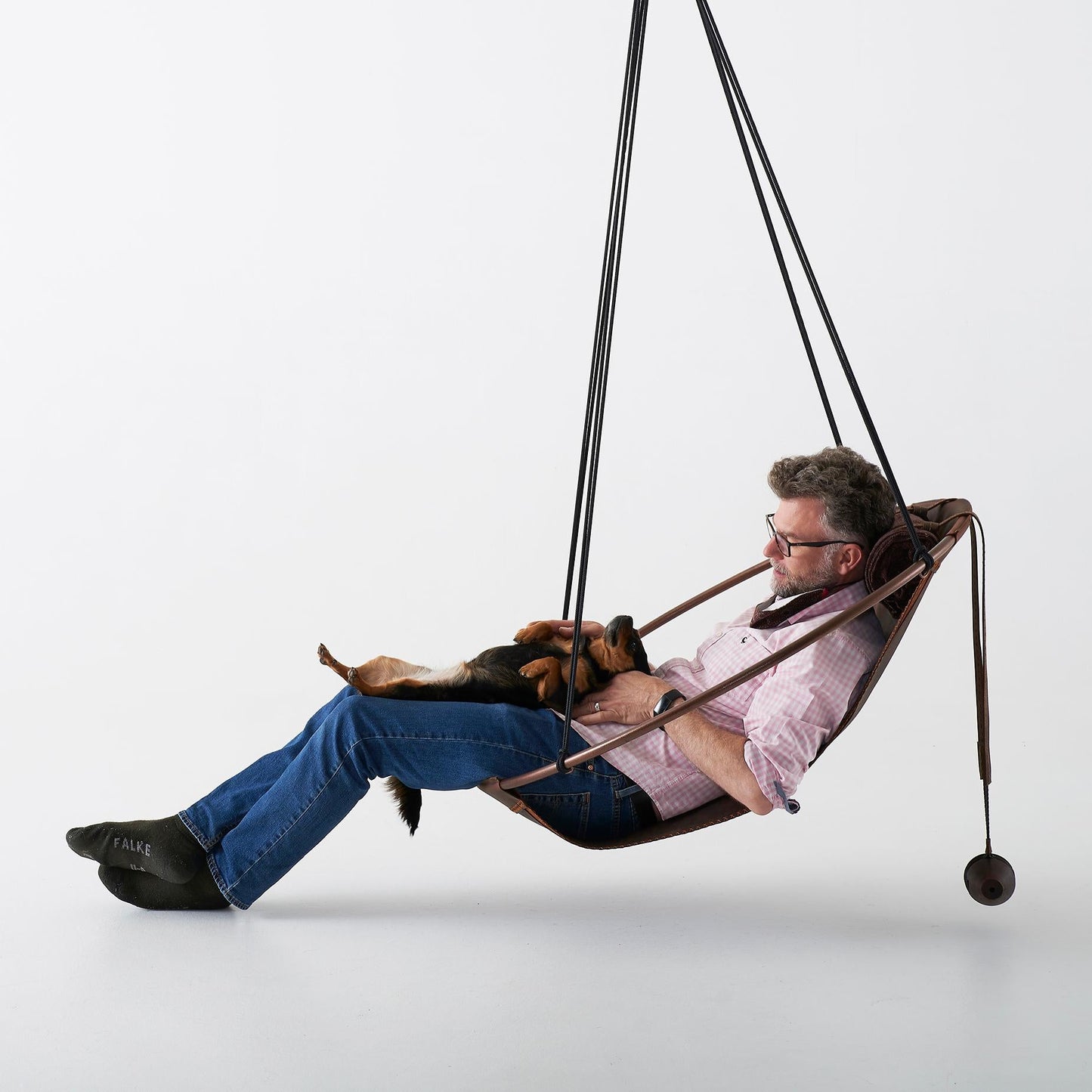 Modern Thick Oil Tan Leather Sling Hanging Chair with Powder-Coated Steel Frame