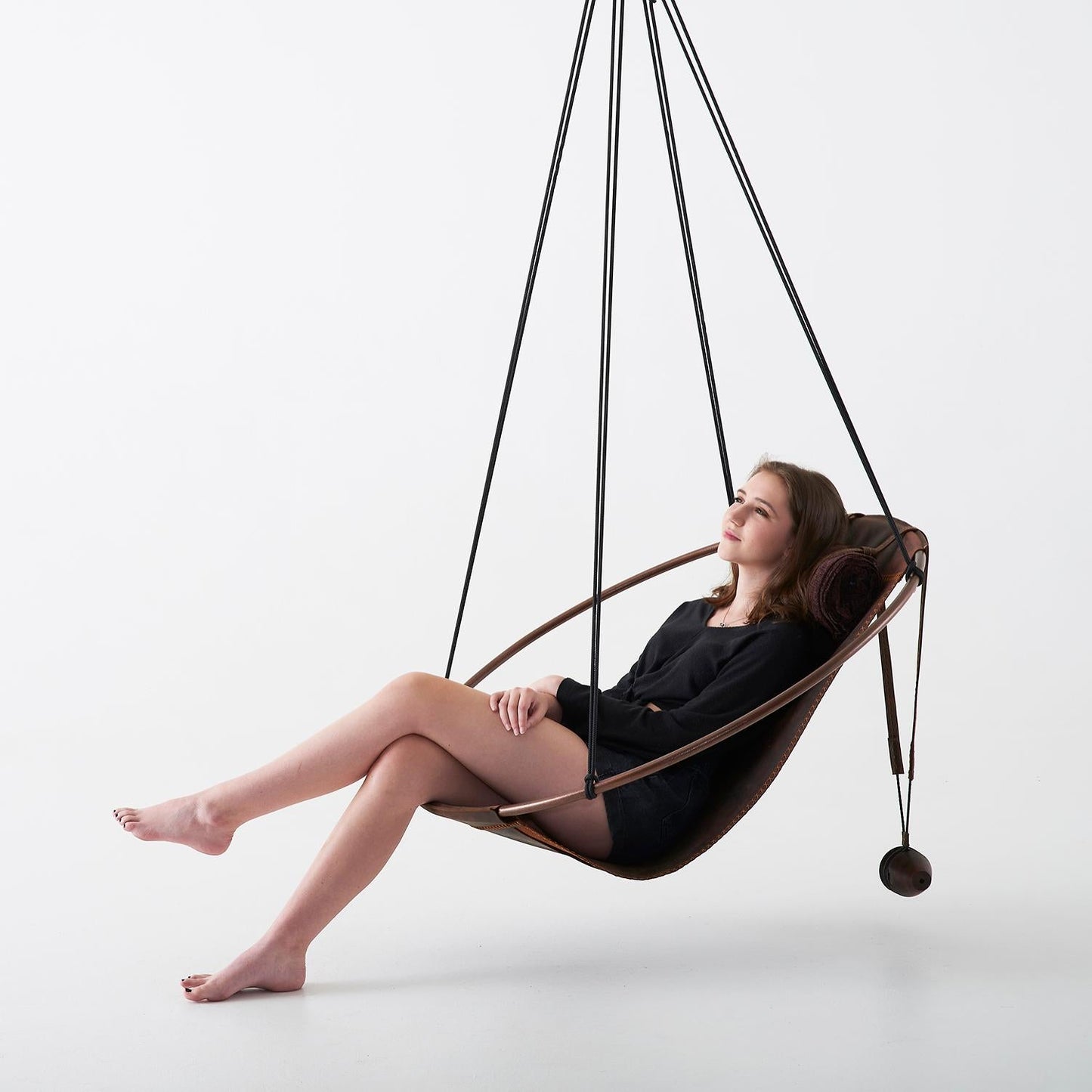 Modern Thick Oil Tan Leather Sling Hanging Chair with Powder-Coated Steel Frame