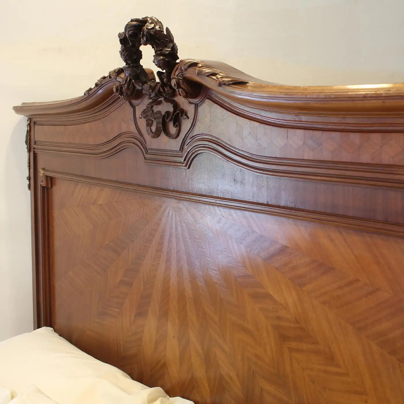 Art Deco Fruitwood Antique Bed with Parquetry & Sunburst Inlay, WK196