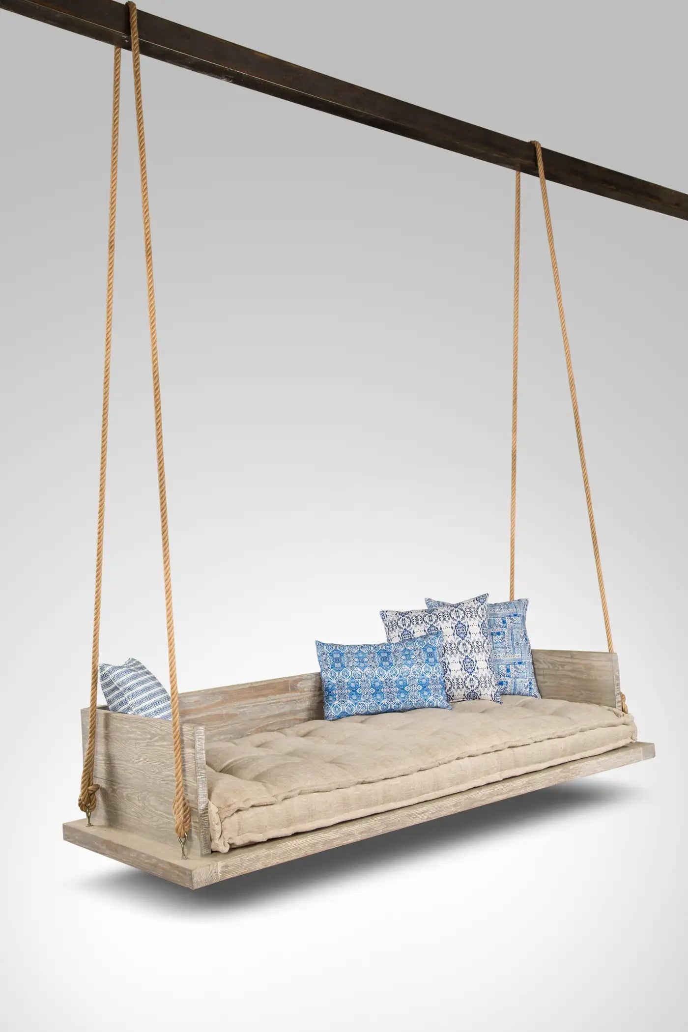 Pitch Pine Grey-Stained Outdoor Swing Sofa with Egyptian-Style Upholstery