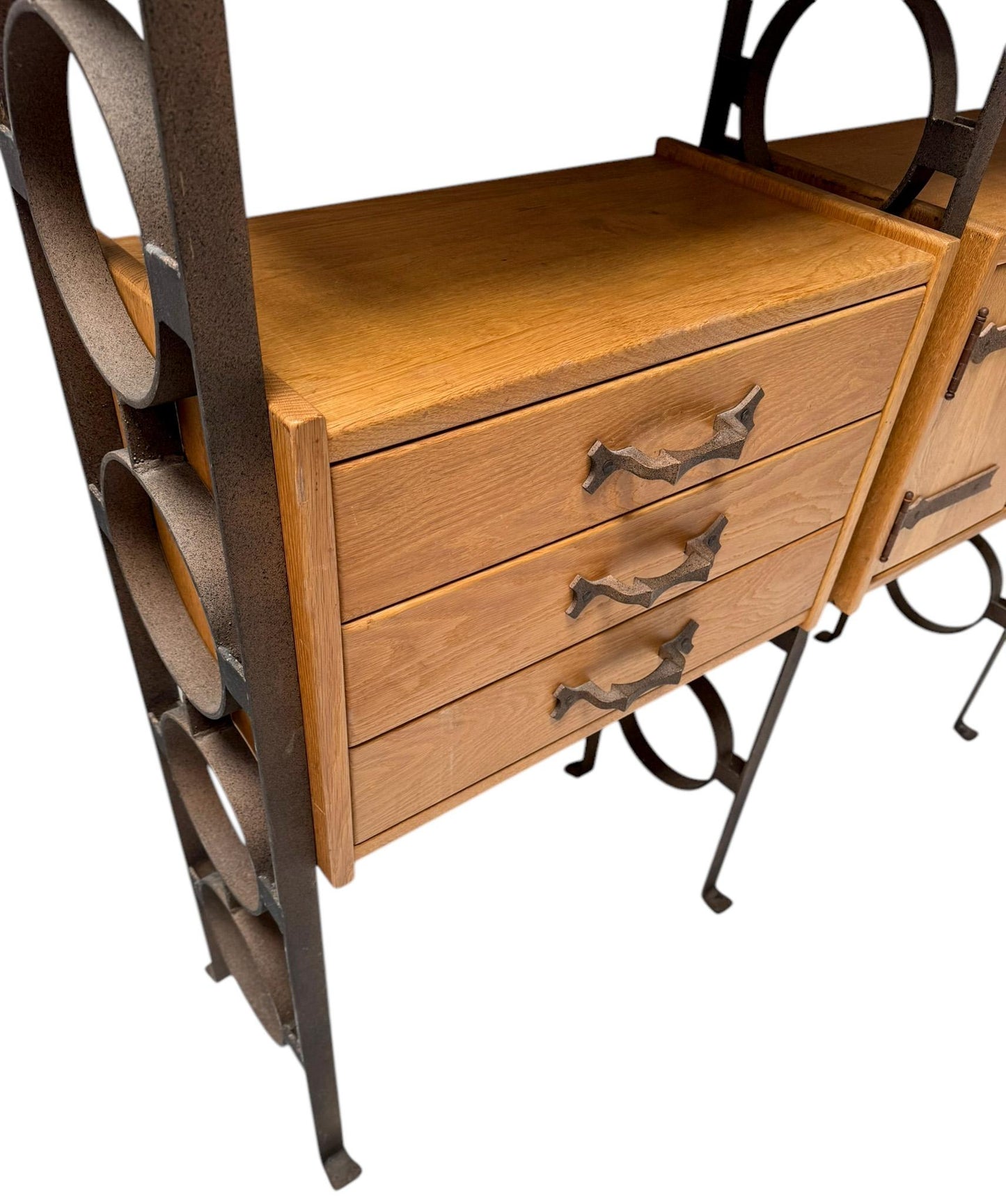 Brutalist Rustic Mid-Century Modern Freestanding Modular Wall Unit – 1980s Solid Oak & Wrought Iron