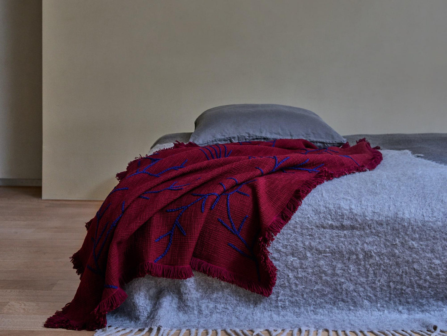 Hand-Embroidered Burgundy Cotton Throw Blanket with Trim