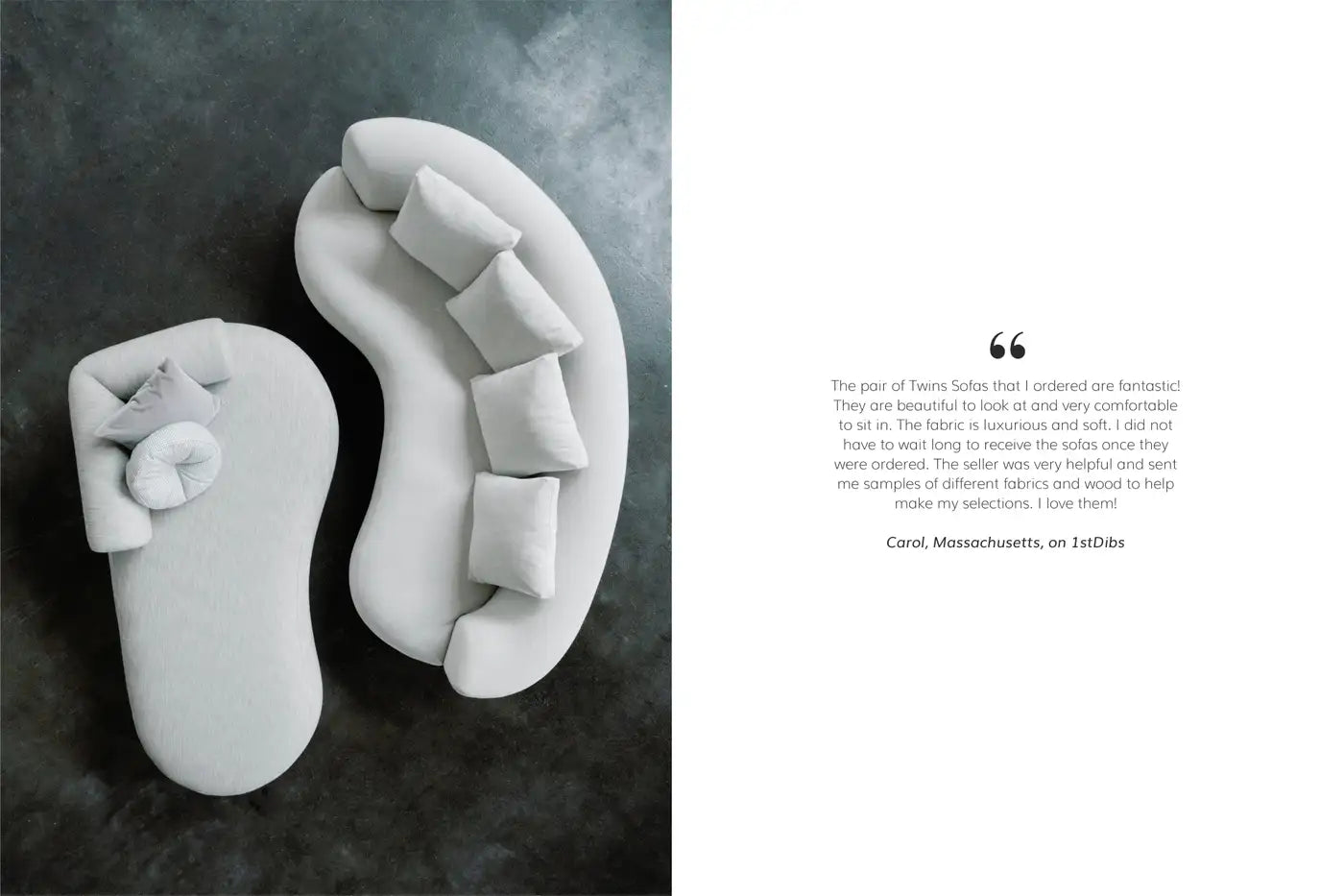 Two white foot-shaped pillows on a dark textured surface with a review on the right.