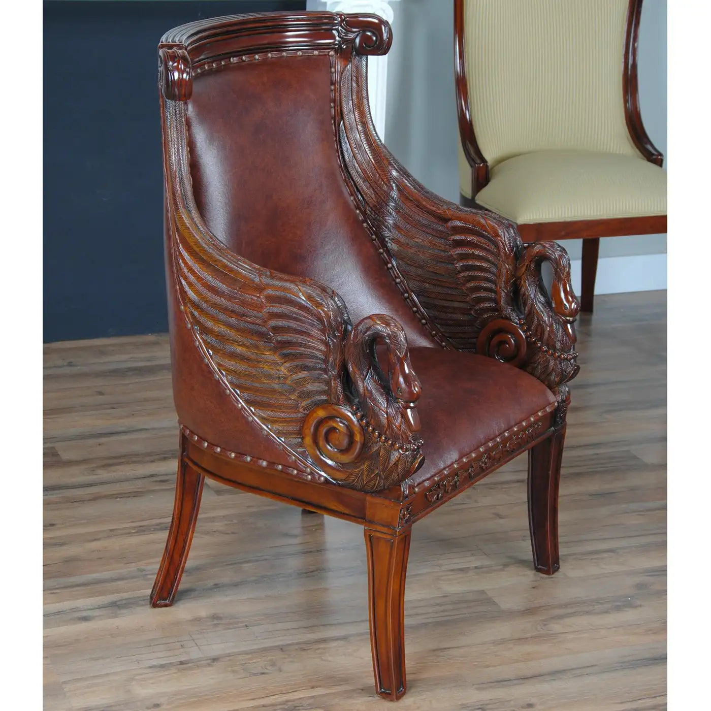 Leather Swan Arm Chair with Hand-Carved Mahogany Frame