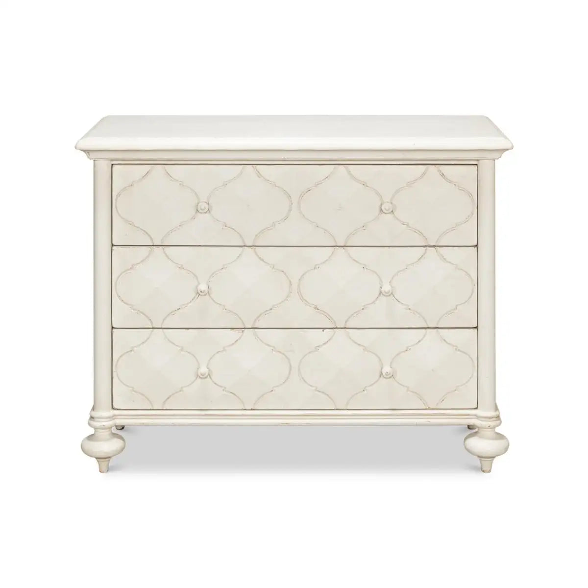 White dresser with decorative pattern on a white background