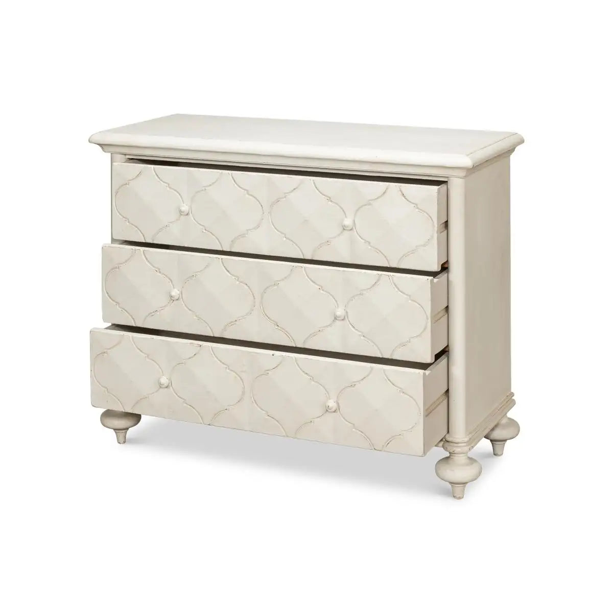 Beige dresser with decorative drawers on a white background