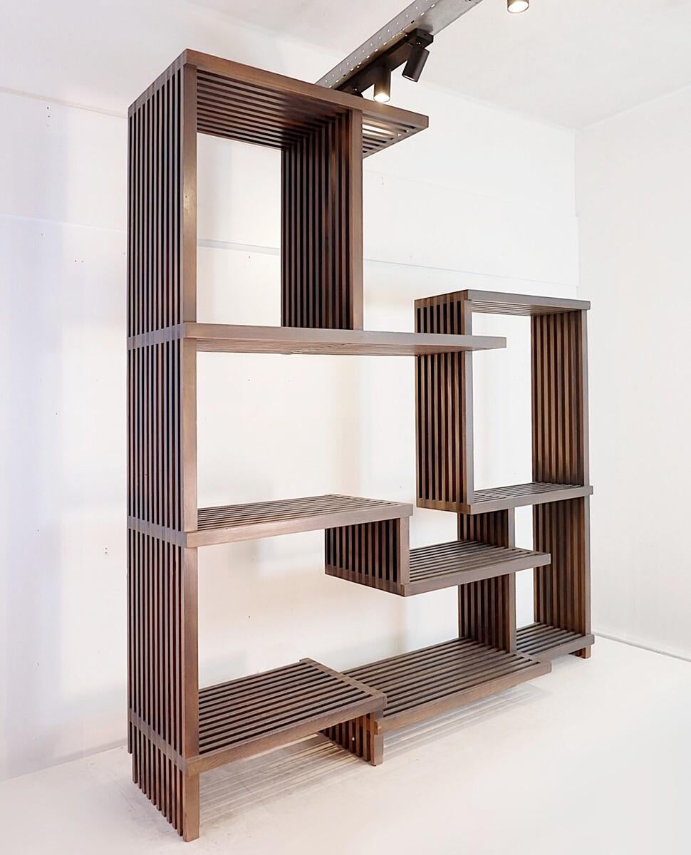 Vintage 1980s Asymmetrical Stained Wood Shelf – Room Divider