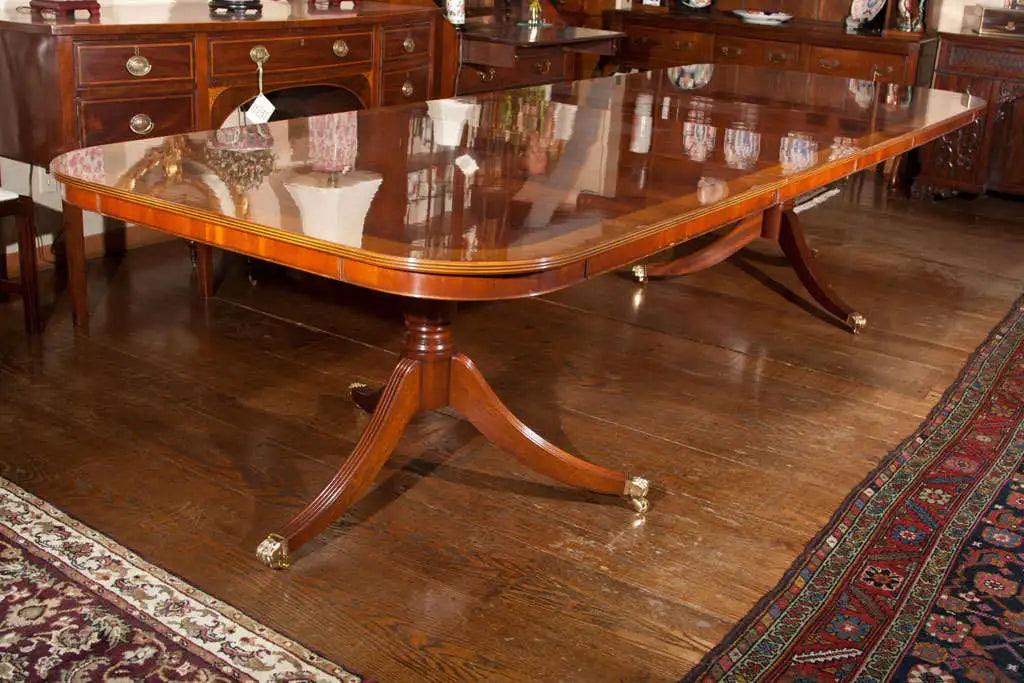 Custom English Flame Mahogany Double Pedestal Dining Table