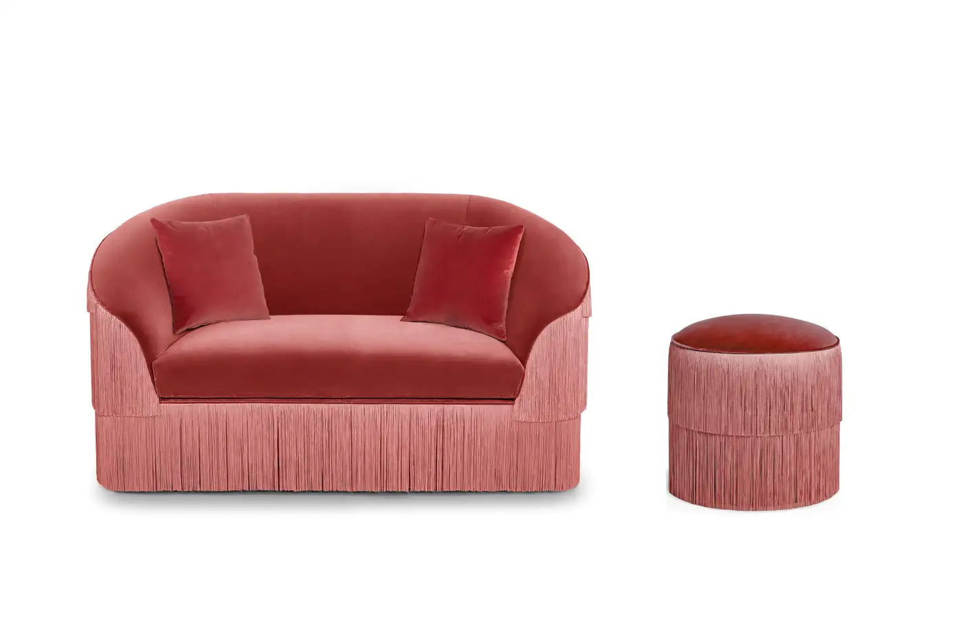 Hand Tailored Fringes 2-Seat Sofa in Antique Pink Velvet