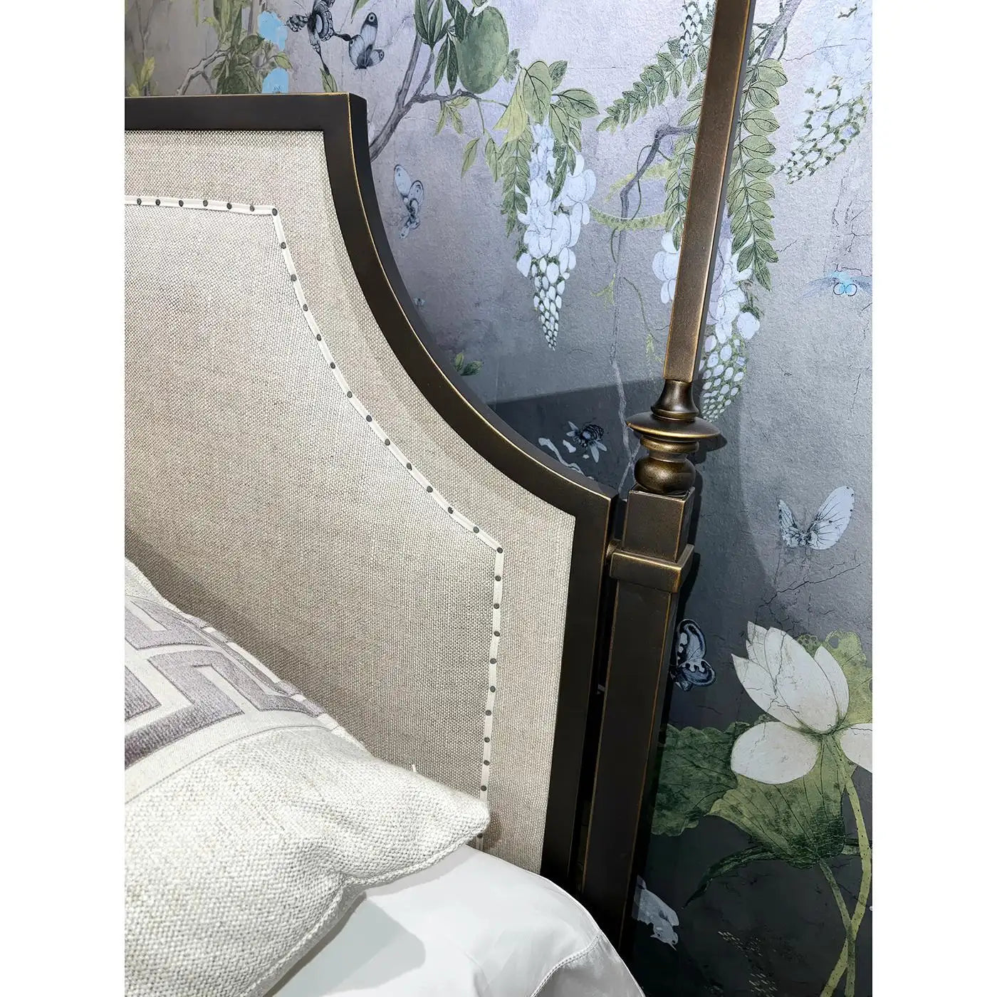 King French Metal Canopy Bed with Upholstered Headboard