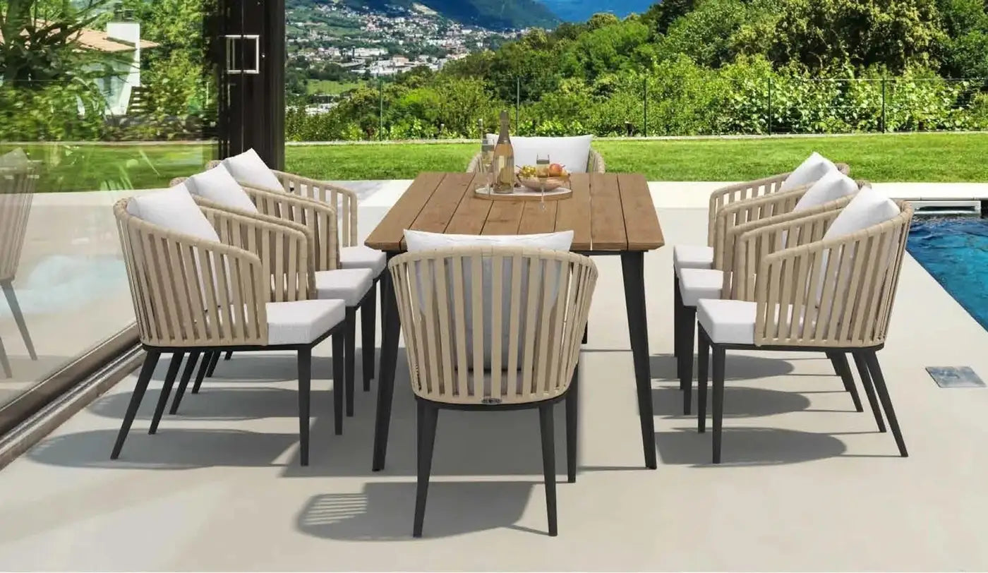 Ready To Ship Outdoor Dining Set: 8 Rope Chairs & Teak Dining Table