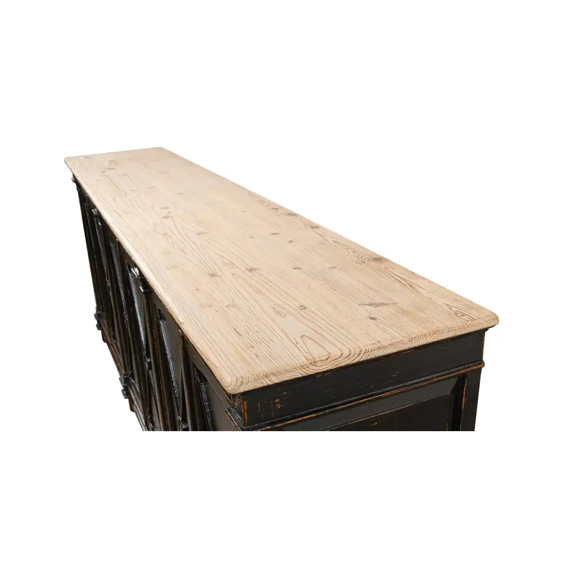 Long wooden table with a black base on a white background