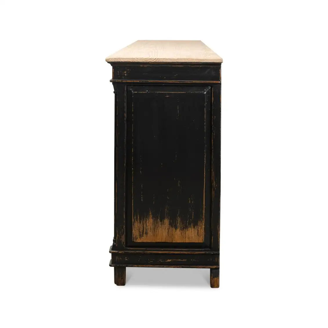 LONG DIRECTOIRE STYLE ANTIQUED BLACK BUFFET – 6-DOOR PINE SIDEBOARD