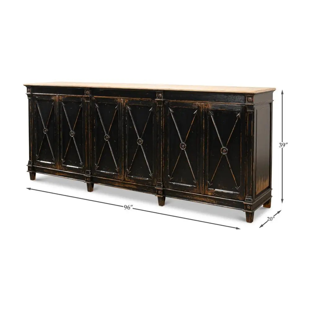 LONG DIRECTOIRE STYLE ANTIQUED BLACK BUFFET – 6-DOOR PINE SIDEBOARD