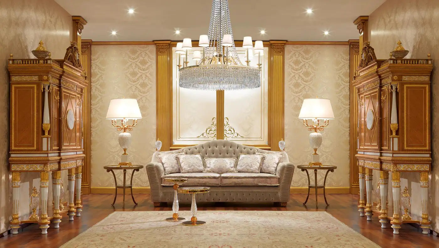 Borromeo Three-Seat Tufted Sofa with Carved Antique Gold Feet