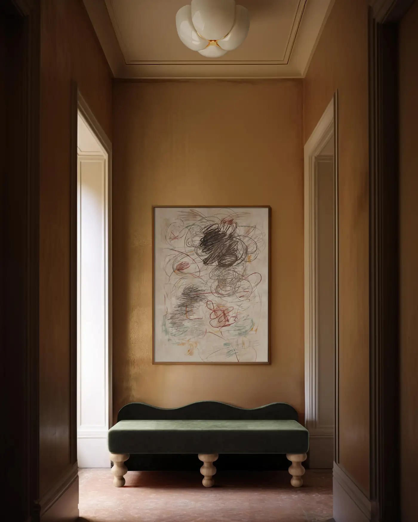 Celine Scalloped Bench in Deep Teal Faux Mohair