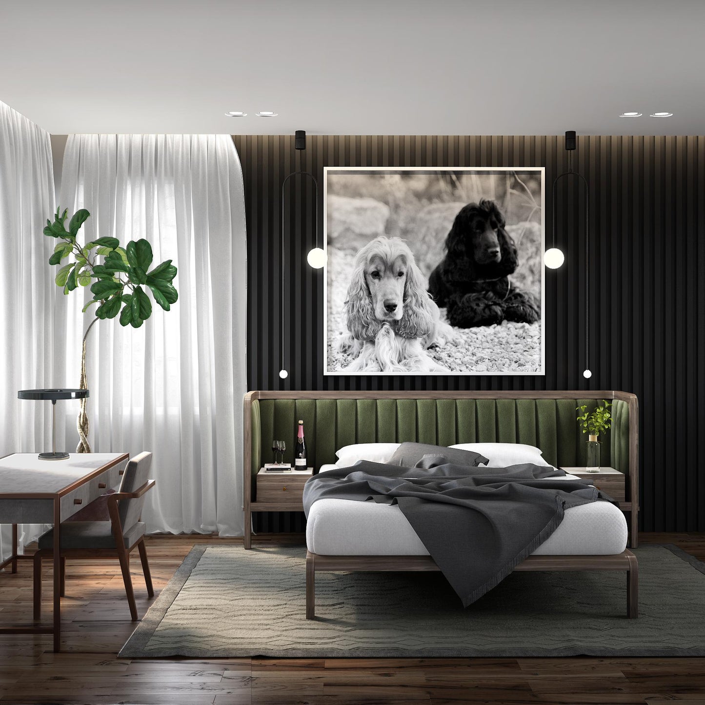 Cupid Bed in Black American Walnut & Velvet with Integrated Bedside Table