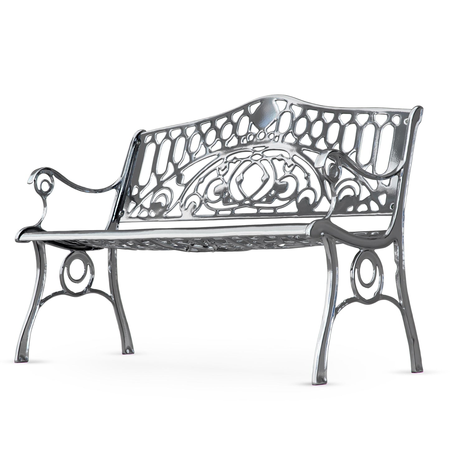 Decorative metal bench with intricate patterns on a white background