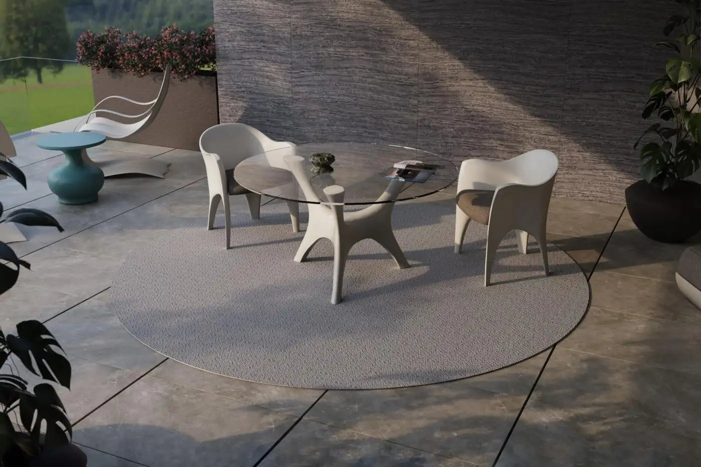 Sculptural Indoor/Outdoor Dining Table with Glass Top