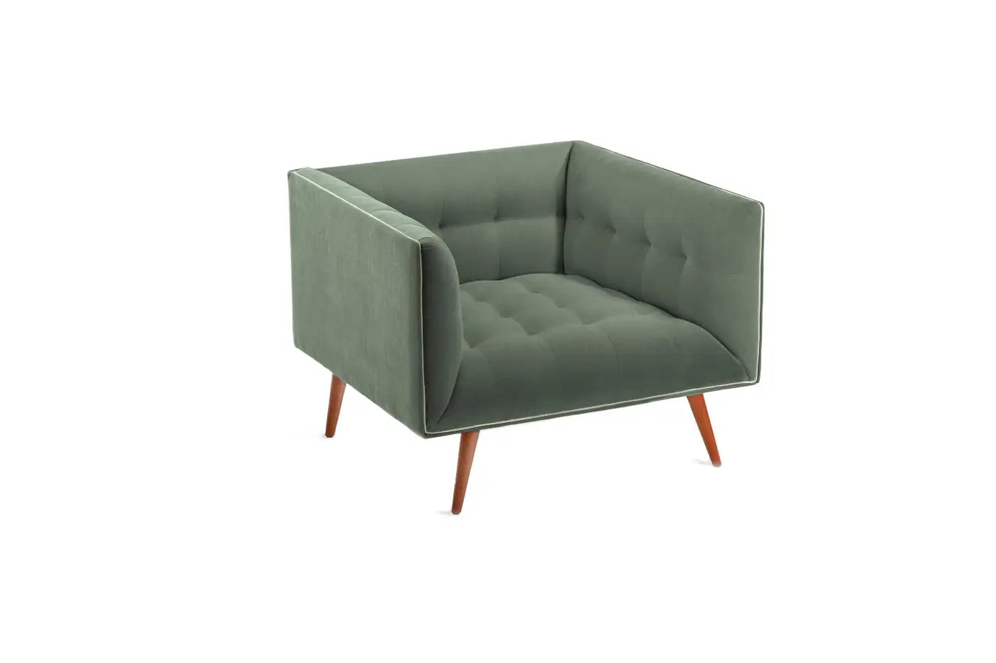 Green armchair with wooden legs on a white background