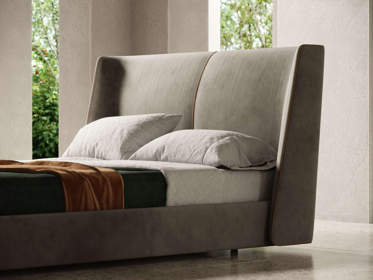 American King Bed Fully Upholstered in Velvet with Piping