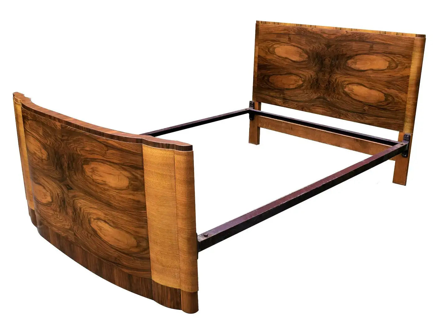 Wooden bed frame with a curved design on a white background