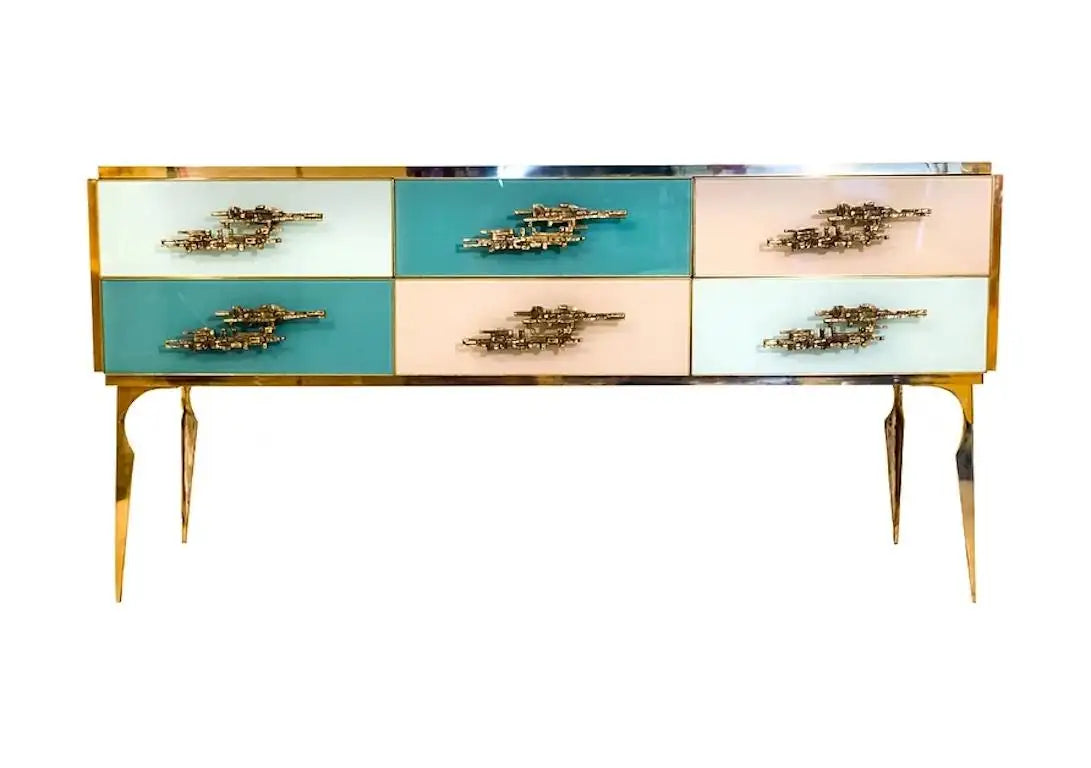 Bespoke Italian Emerald Blue Green Art Glass 9-Drawer Dresser Sideboard