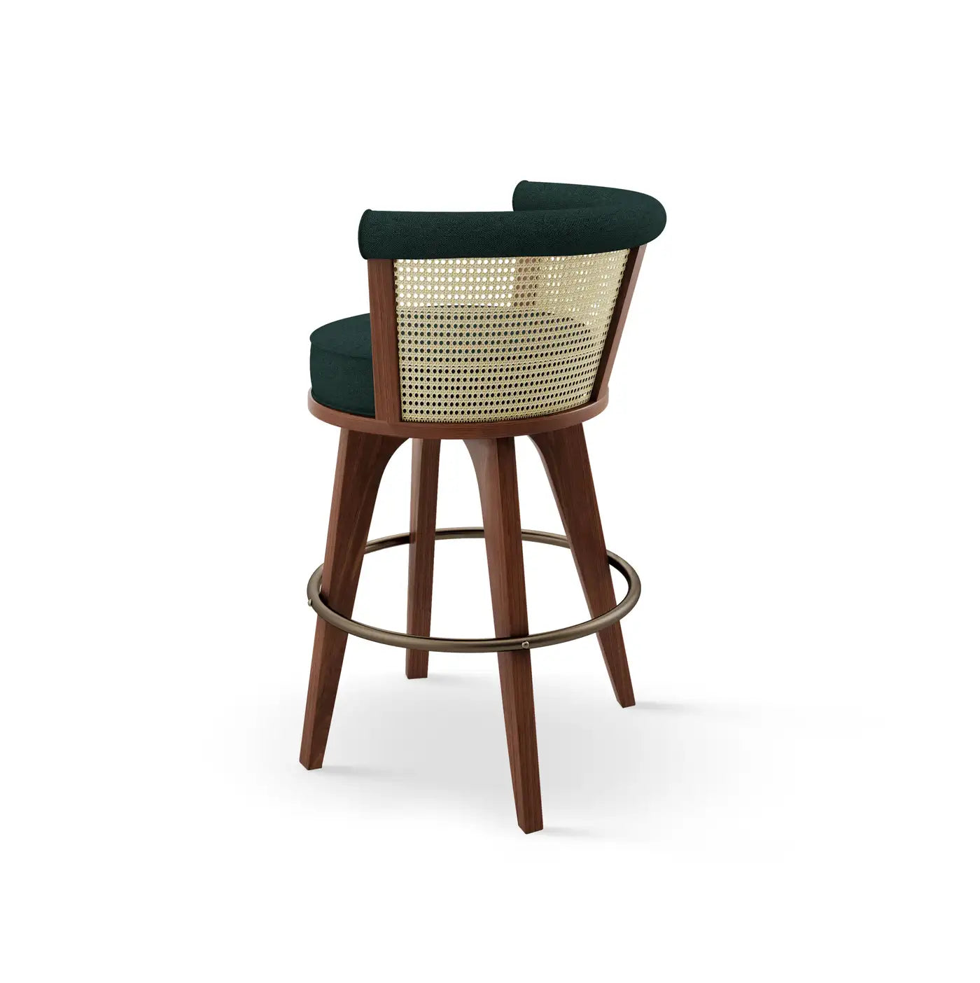 Bar stool with green cushioned seat and backrest on a white background