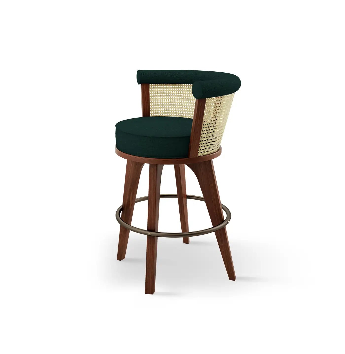 Bar stool with green cushioned seat and backrest on a white background
