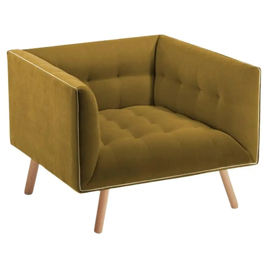 Green armchair with wooden legs on a white background