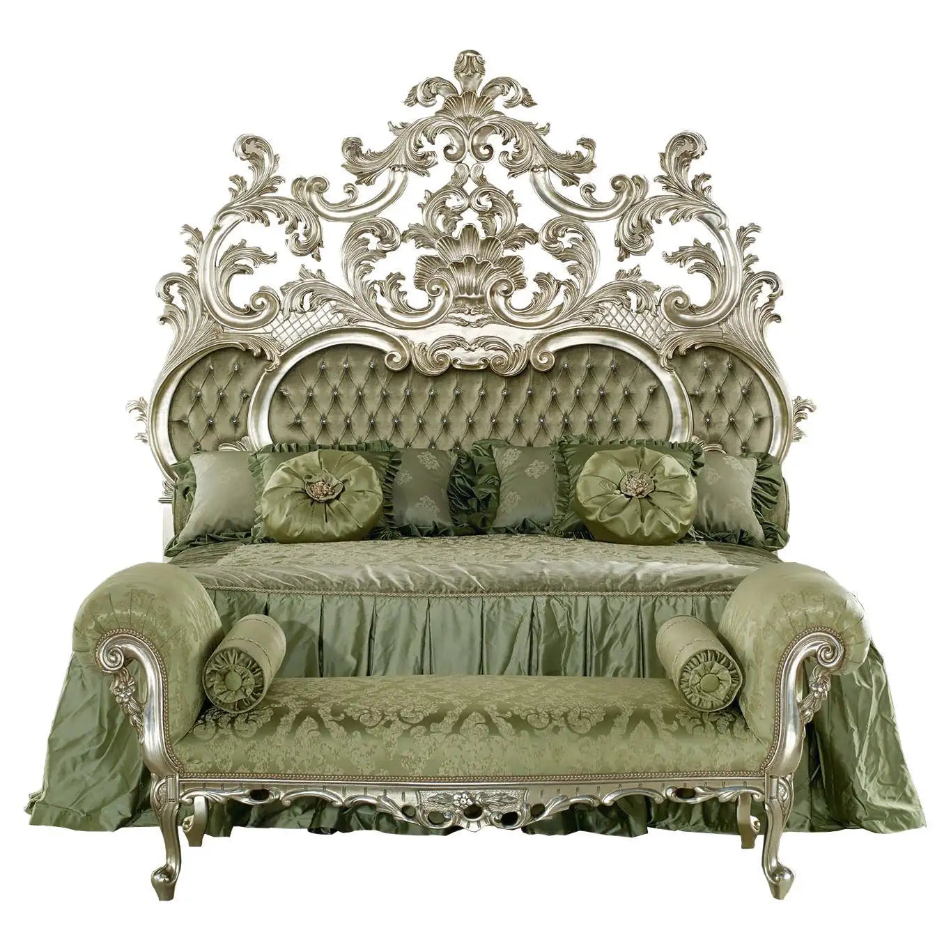 Decorative bed with ornate silver headboard and green bedding on a white background