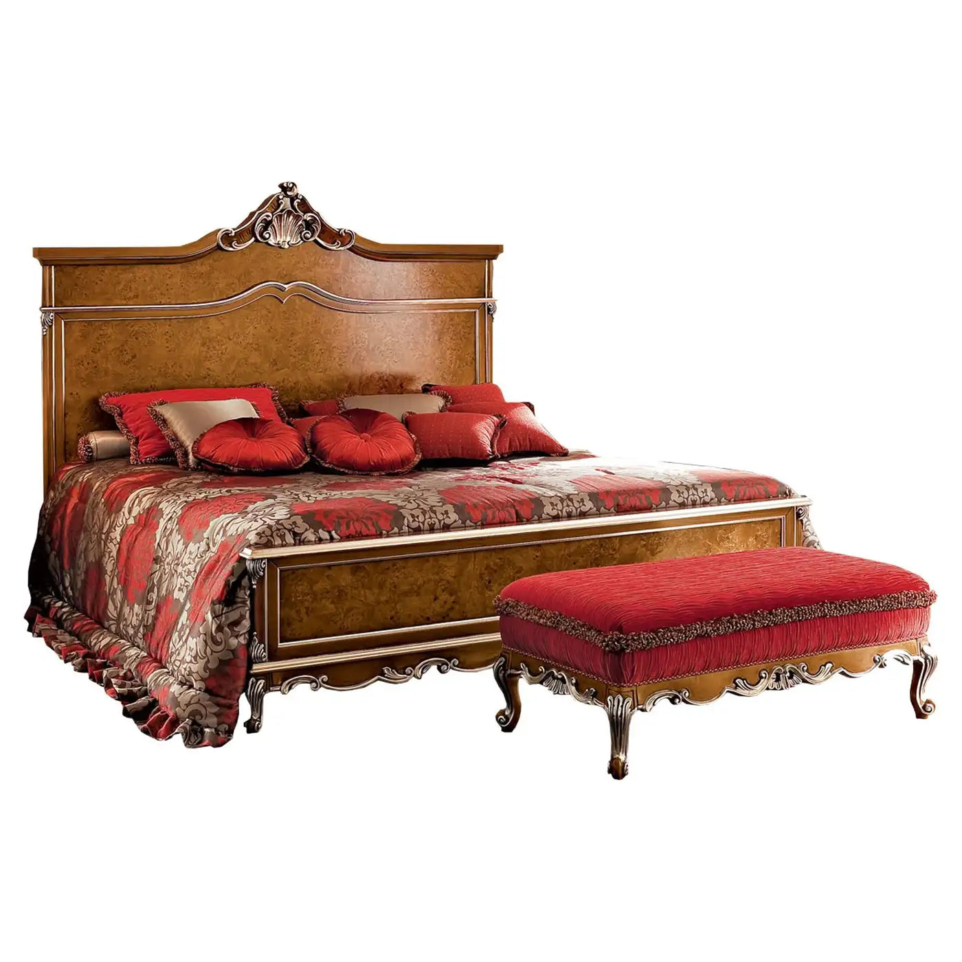 Decorative bedroom set with a bed and ottoman on a white background