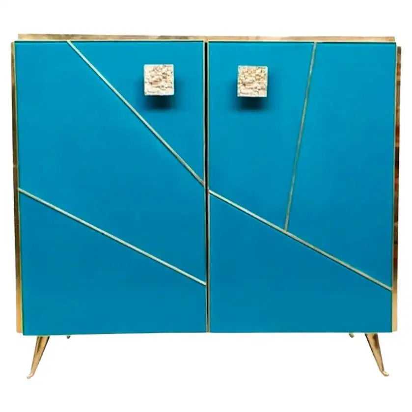 Bespoke Italian Black & White Stripe Glass Brass Dresser Sideboard