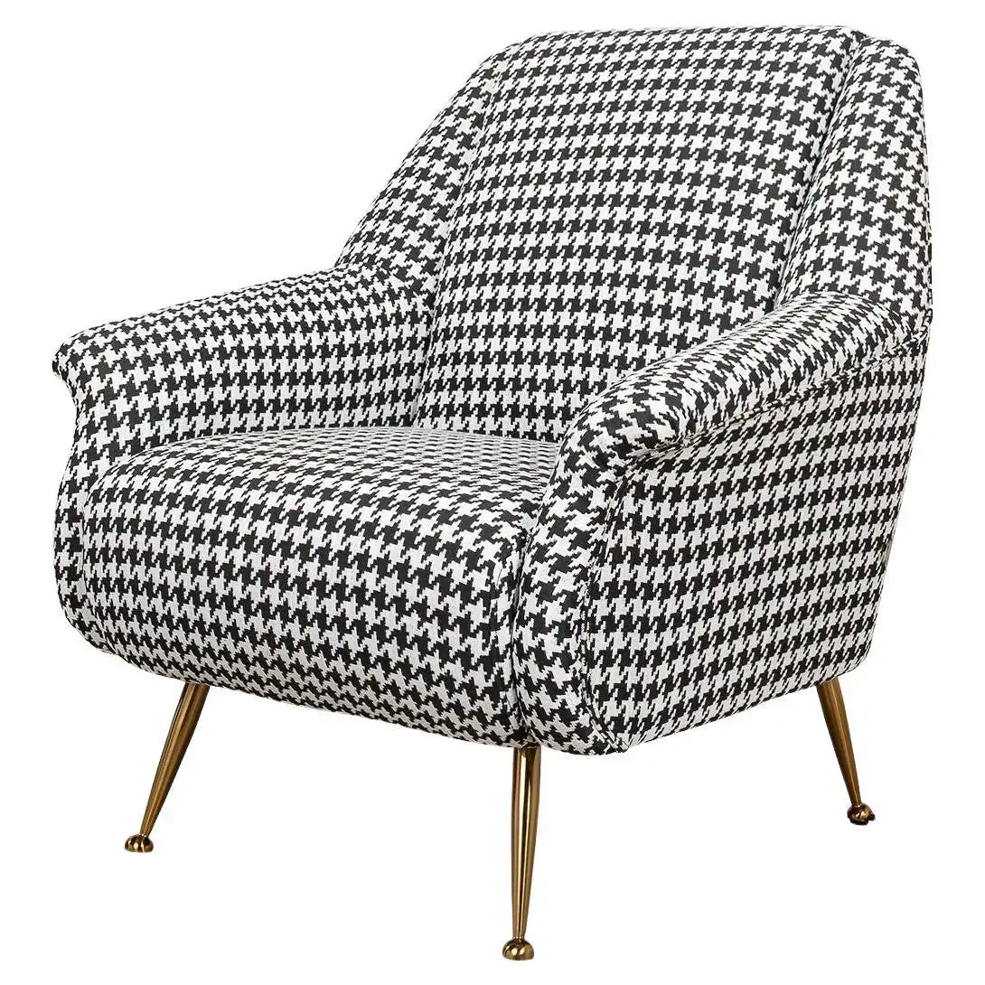 Chair with houndstooth pattern and gold legs on a white background