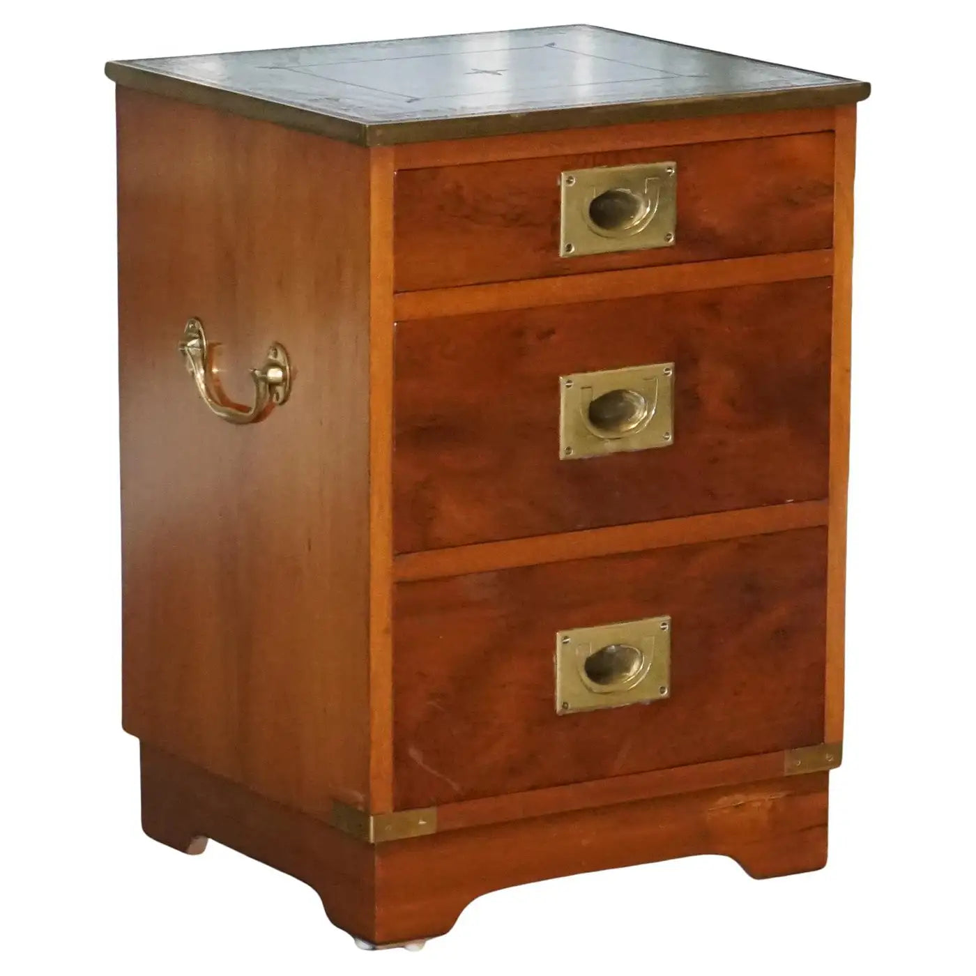 Military Campaign Wood Bedside Nightstand End Table Green Leather Top