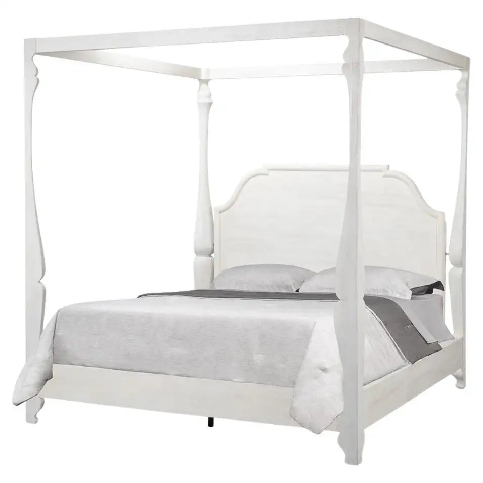 White four-poster bed with gray bedding on a white background