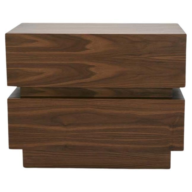 Large Walnut Stacked Box Nightstand – Two Drawers, Mid-Century Modern