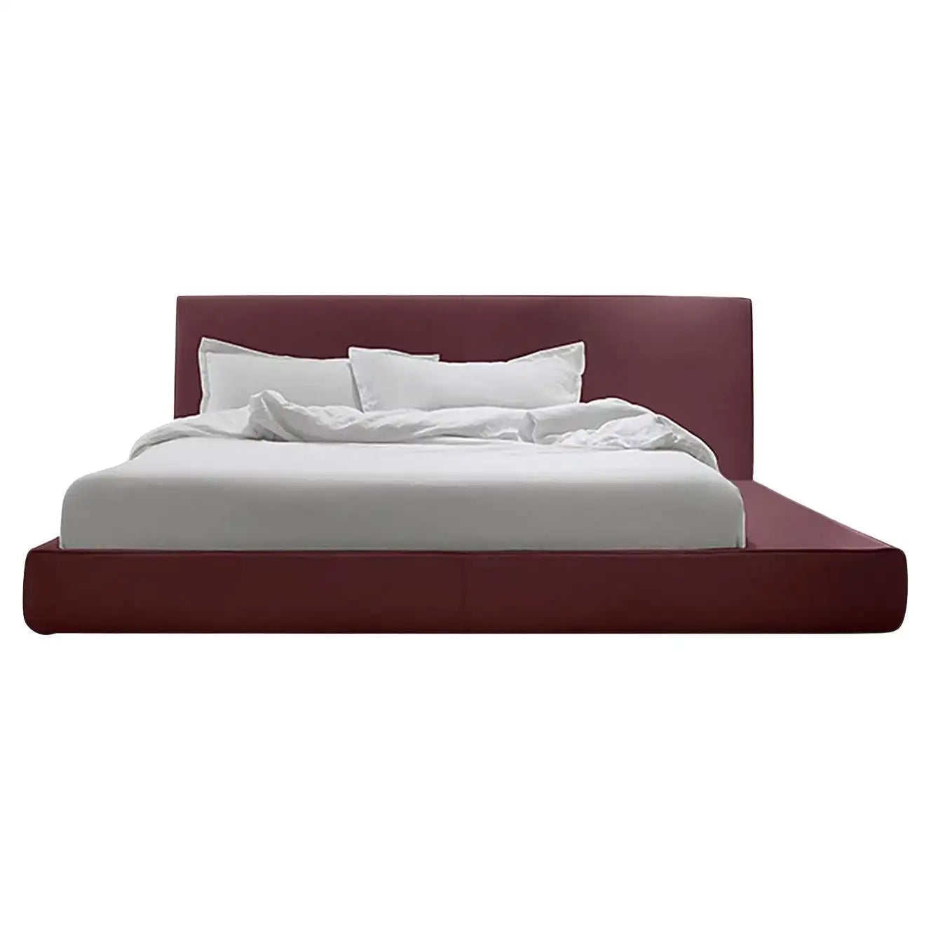 Maroon bed frame with white bedding on a white background